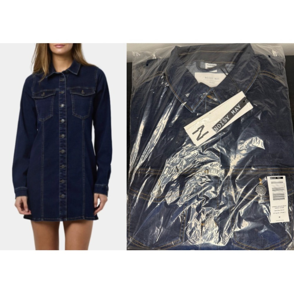 Noisy May MEDIUM Long Sleeve Slim Denim Shirtdress Dark Wash Blue Orig $94 NWT